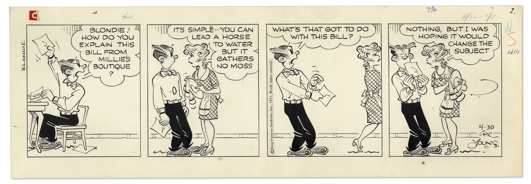 2 Chic Young Hand-Drawn ''Blondie'' Comic Strips From 1973 -- With Chic Young's Original Preliminary Artwork for One