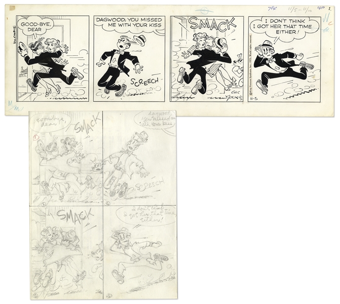 Chic Young Hand-Drawn ''Blondie'' Comic Strip From 1973 -- With Chic Young's Original Preliminary Artwork
