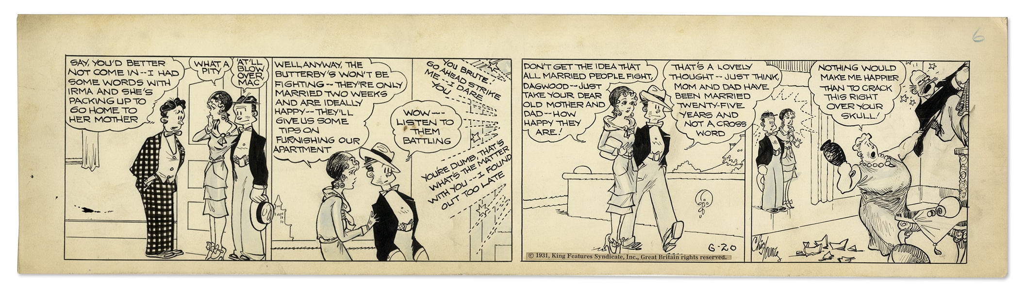 Chic Young Hand-Drawn ''Blondie'' Comic Strip From June 1931 Titled ''Orphans of the Storm'' -- One of the Earliest Blondie Strips