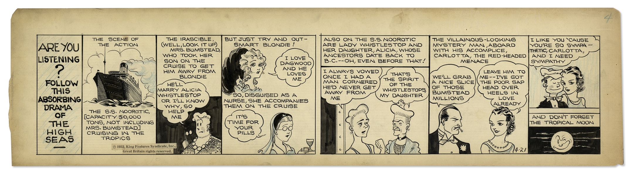 Chic Young Hand-Drawn ''Blondie'' Comic Strip From 1932 Titled ''Reading From Left to Right'' -- Early Strip With Fantastic Comedic and Narrative Content