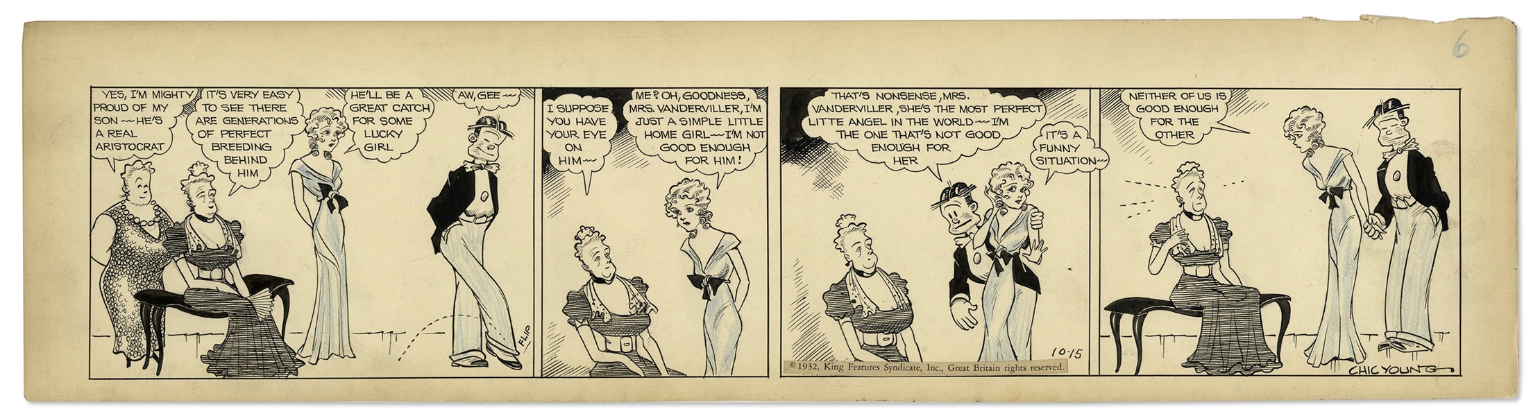 Chic Young Hand-Drawn ''Blondie'' Comic Strip From 1932 Entitled ''Love is Blind''