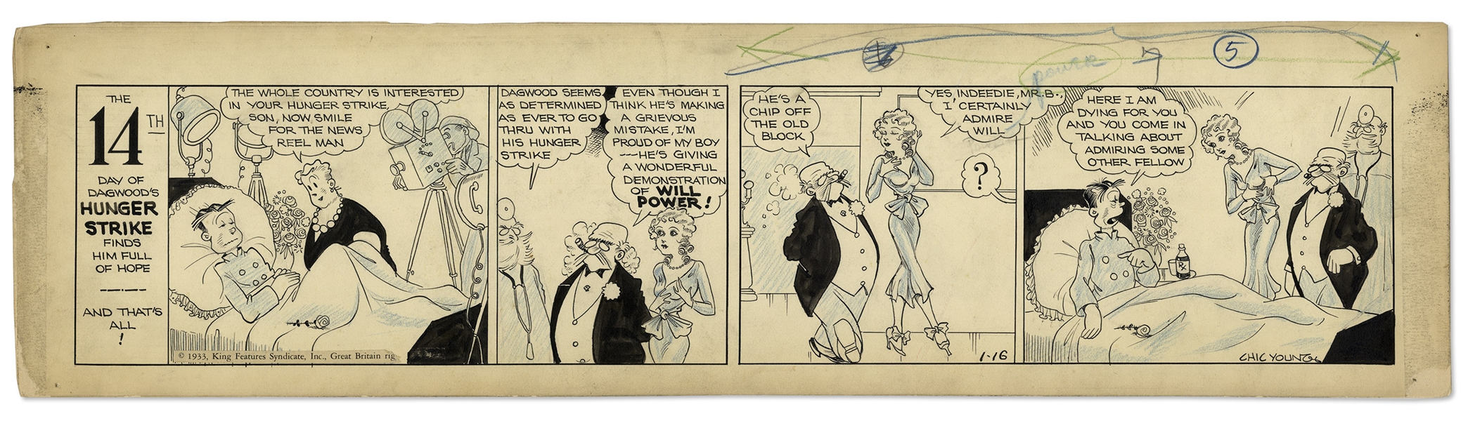 Chic Young Hand-Drawn ''Blondie'' Comic Strip From 1933 Titled ''Fickle Female'' -- Day 14 of Dagwood's Hunger Strike!