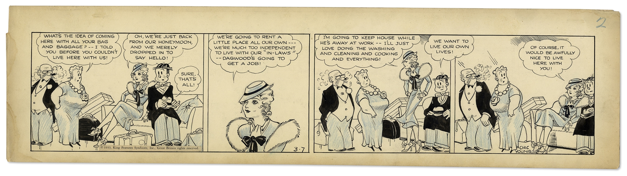 Chic Young Hand-Drawn ''Blondie'' Comic Strip From 1933 Titled ''Apartment Hunting'' -- Dagwood & Blondie Return From Their Honeymoon