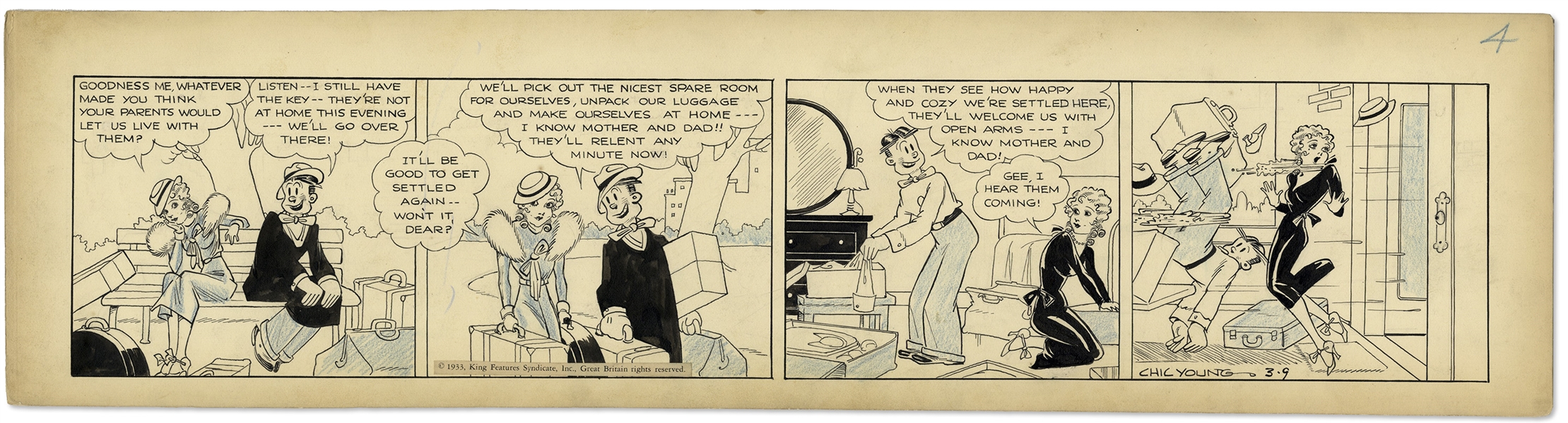 Chic Young Hand-Drawn ''Blondie'' Comic Strip From 1933 Titled ''One Large Happy Family''