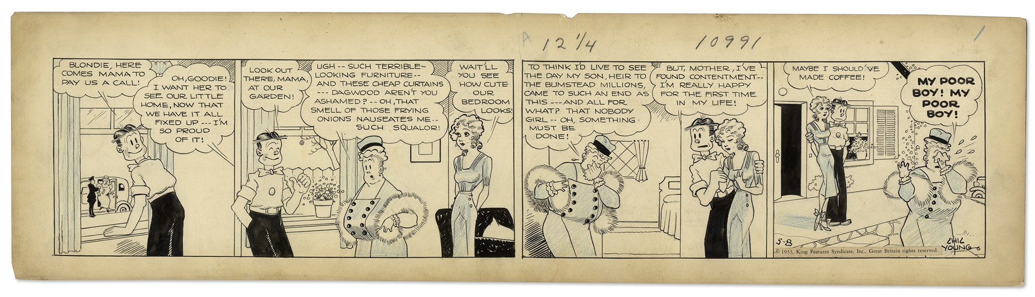 Chic Young Hand-Drawn ''Blondie'' Comic Strip From 1933 Titled ''A Cheerful Lil' Earful''