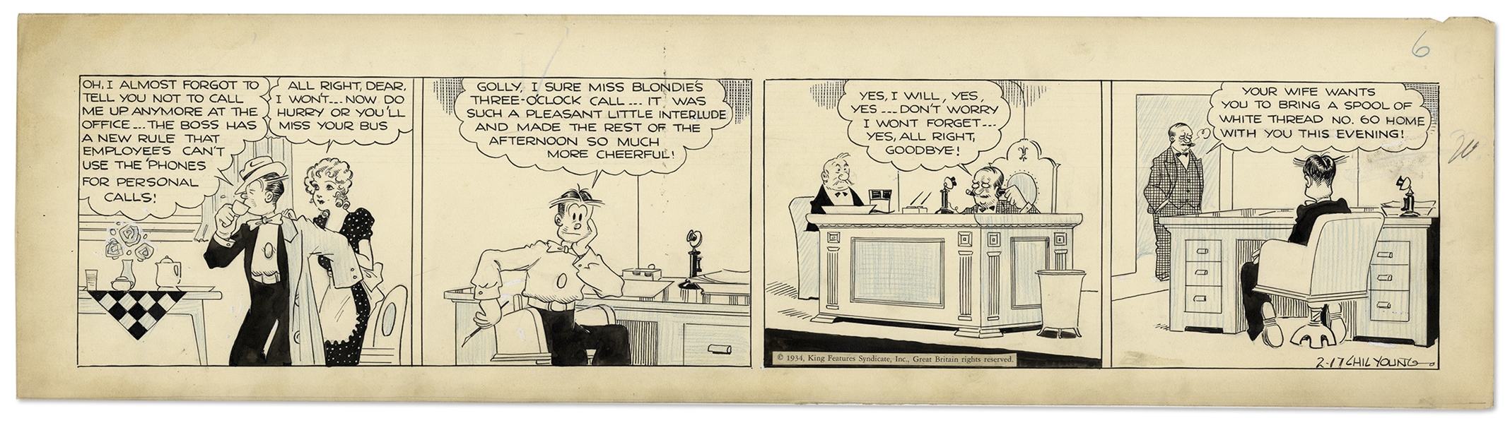 Chic Young Hand-Drawn ''Blondie'' Comic Strip From 1934 Titled ''Sew-in Time''