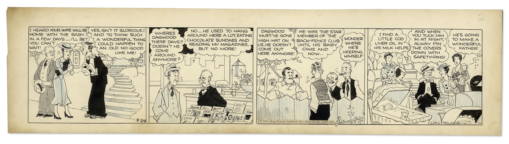 Chic Young Hand-Drawn ''Blondie'' Comic Strip From 1934 Titled ''Just Between Girls''