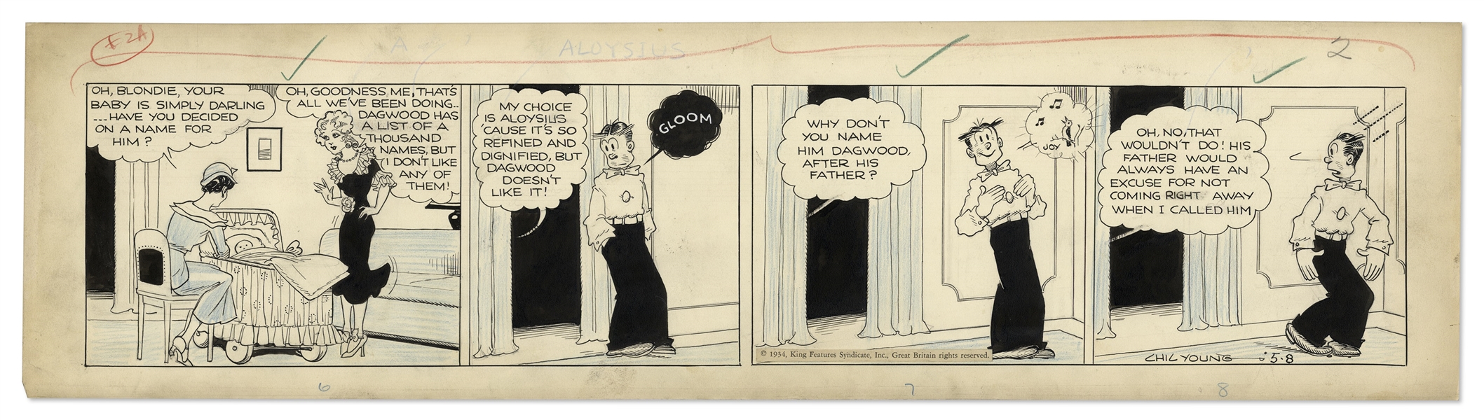 Chic Young Hand-Drawn ''Blondie'' Comic Strip From 1934 -- Blondie Muses on Names for Their New Baby