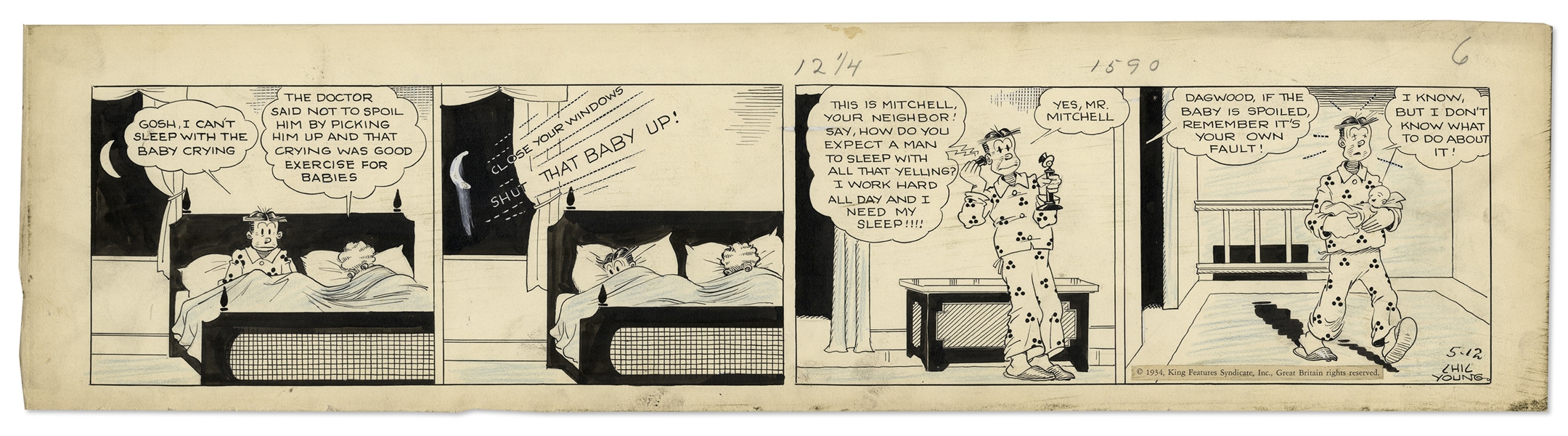 Chic Young Hand-Drawn ''Blondie'' Comic Strip From 1934 Titled ''Love Thy Neighbor''