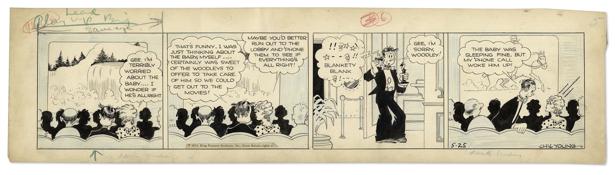 Chic Young Hand-Drawn ''Blondie'' Comic Strip From 1934 Titled ''Dearest Enemy''