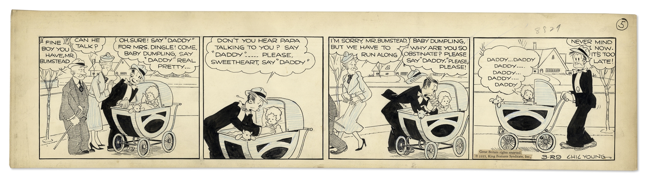 Chic Young Hand-Drawn ''Blondie'' Comic Strip From 1935 Titled ''A Watched Kettle''