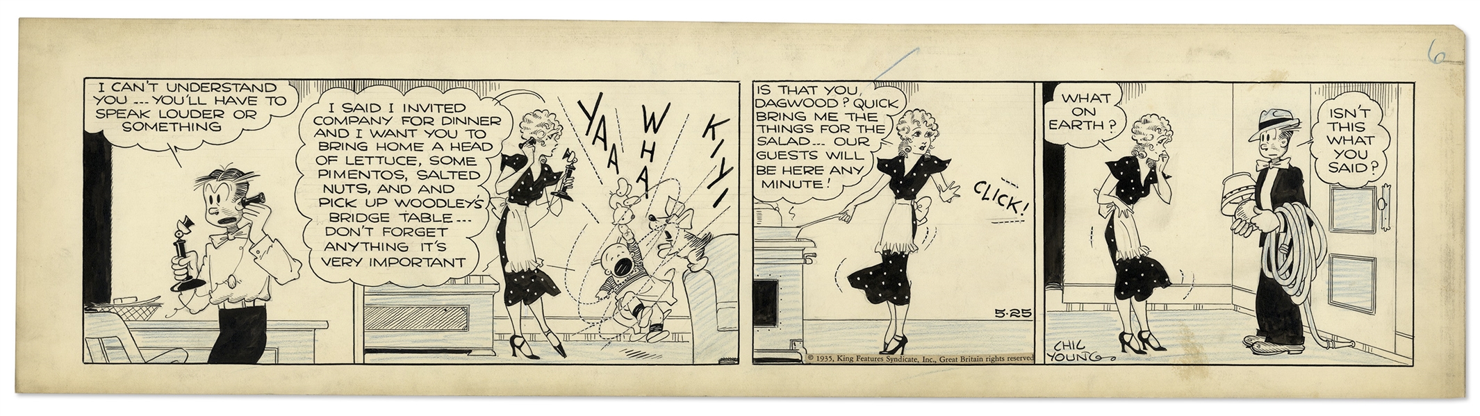Chic Young Hand-Drawn ''Blondie'' Comic Strip From 1935 Titled ''That's The Way it Sounded''