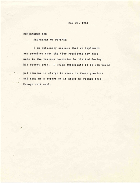Important Memo From JFK, Expressing Concern Over Promises Made by Vice President Johnson -- ''...I am extremely anxious that we implement any promises that the Vice President may have made...''