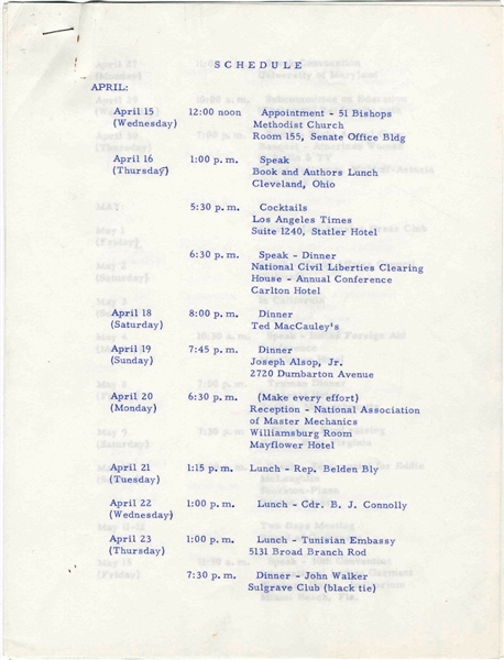 JFK's Speaking Schedule While Running For President -- From His Senate Files
