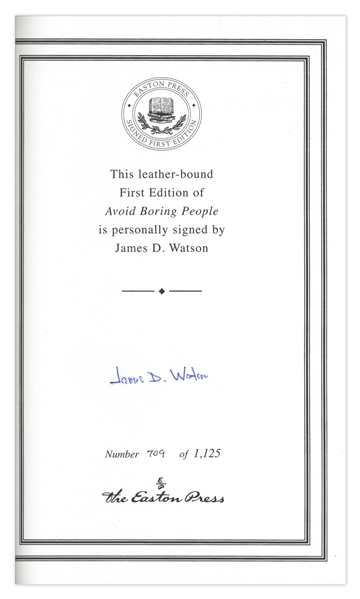 James D. Watson ''Avoid Boring People''  Signed Book -- Bound in Leather With 22kt Gold Detailing