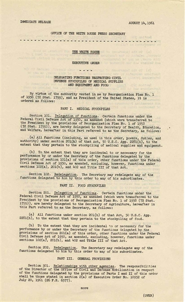 Original JFK Executive Order Preparing the U.S. for Possible Nuclear War -- 14 August 1961