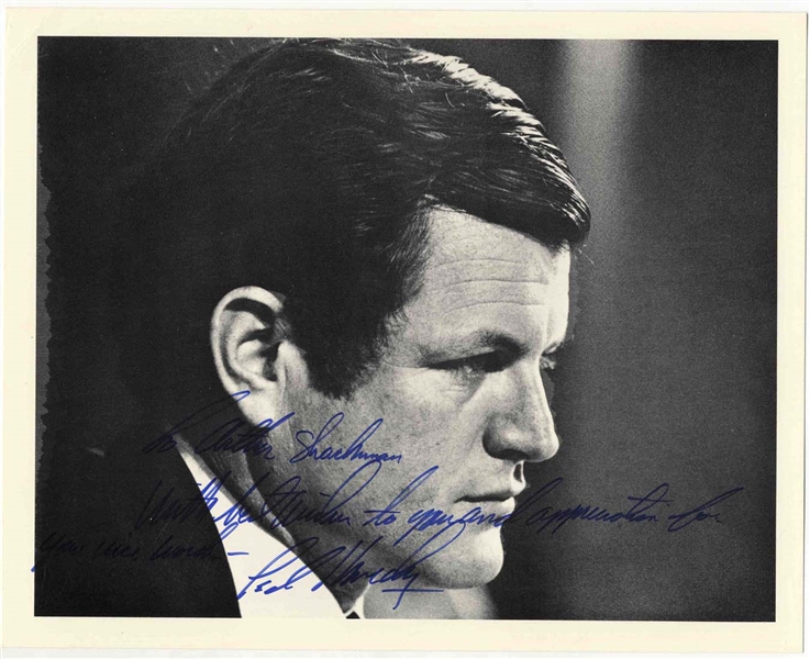 Ted Kennedy Signed 10'' x 8'' Photo -- ''To Arthur Shackman / With best wishes to you and appreciation for your nice words - Ted Kennedy'' -- Near Fine