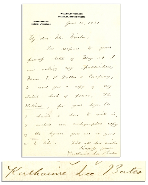 Katharine Lee Bates Autograph Letter Signed -- Refers to ''America the Beautiful'' -- ''...I enclose an autograph copy of the hymn you are so good as to like...''