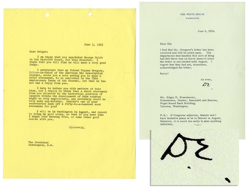 Dwight D. Eisenhower Typed Letter Signed as President -- To His Brother, Edgar -- ''...If Congress adjourns, Mamie and I have tentative plans to be in Denver in August...''