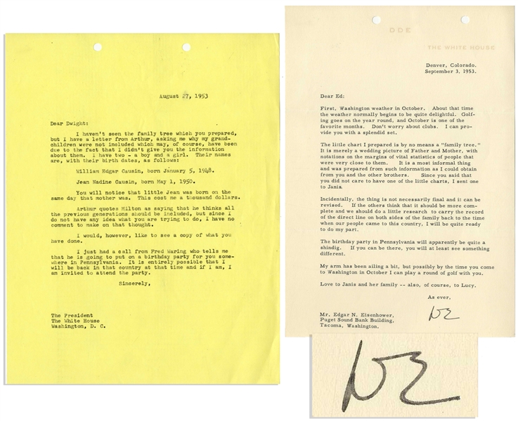 Dwight D. Eisenhower Typed Letter Signed as President -- ''...My arm has been ailing a bit, but possibly by the time you come to Washington...I can play a round of golf with you...''