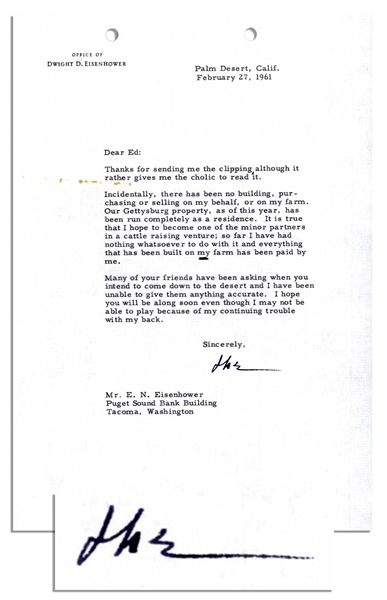 Dwight Eisenhower Funny Letter Signed Immediately Following His Presidency Regarding ''Retirement'' -- ''...I hope to become one of the minor partners in a cattle raising venture...''