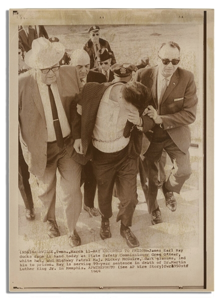 James Earl Ray 8'' x 11'' Glossy Press Photo -- Photo Shows Martin Luther King Jr.'s Assassin Being Escorted to Prison -- Very Good Condition