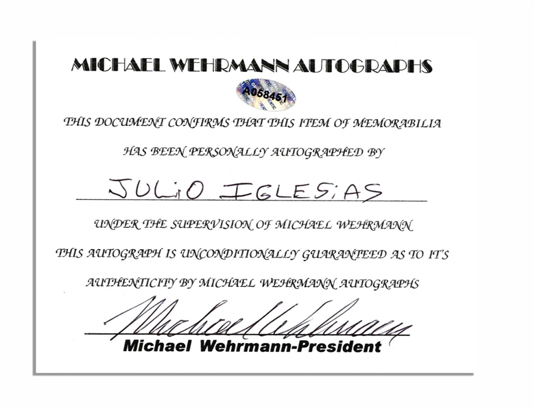 Julio Iglesias 8'' x 10'' Glossy Signed Photo -- Pinhole in Bottom Border, Very Good -- With Michael Wehrmann COA