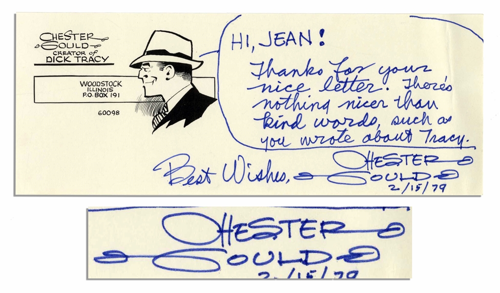 Chester Gould Autograph Note Signed -- With Cartoonist's Famous Character ''Dick Tracy''