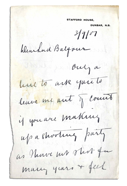 General Reginald Wingate Autograph Letter Signed to Arthur Balfour -- ''...I have not shot for many years & feel sure I could not 'hit a haystack'...''