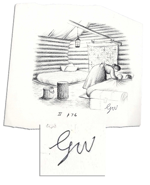 Garth Williams Signed Sketch From 1953 Edition of ''Little House on the Prairie'' -- Cozy Scene from ''Little House in the Big Woods''
