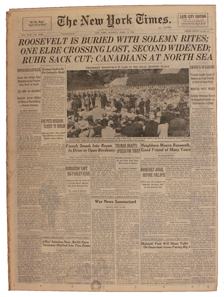 FDR's Funeral Covered in 16 April 1945 ''New York Times'' -- America Mourns as the War in Europe Draws to a Close