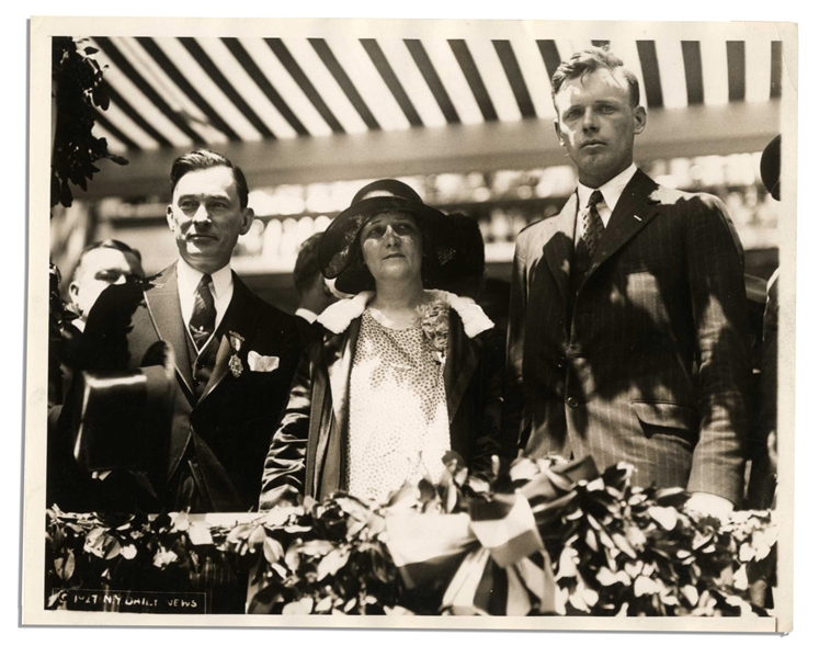 Charles Lindbergh 10'' x 8'' Semi-Matte Press Photo of Lindbergh and His Mother With NYC Mayor at City Hall -- 13 June 1927 -- Near Fine -- From the ''N.Y. Daily News''