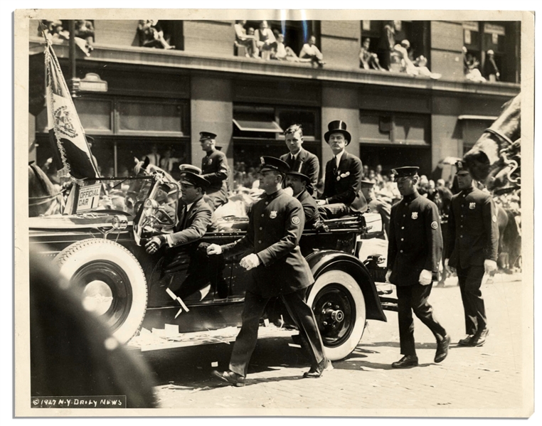 10'' x 8'' ''N.Y. Daily News'' Semi-Matte Press Photo -- Charles Lindbergh Riding in NYC Ticker Tape Parade in His Honor -- 13 June 1927 -- Very Good Condition