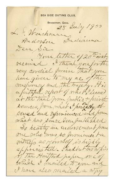 Lincoln Assassination Letter -- Signed by Doctor in Charge of Mary Surratt & Other Conspirators