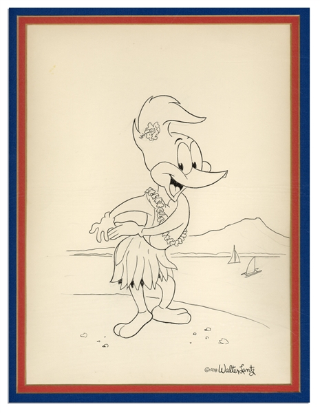 Woody Woodpecker As A Hula Dancer!  Signed By Woody Creator Walter Lantz