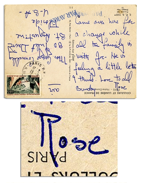 Rose Kennedy Handwritten Postcard From Paris -- ''...Came over here for a change while all the family is with Joe...'' -- 1952