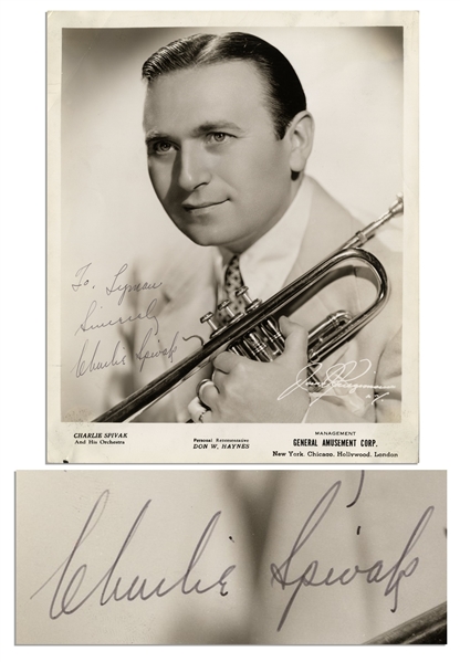 Big Band Trumpeteer Charlie Spivak Signed 8.25'' x 10'' Glossy Photo -- ''To Lyman / Sincerely / Charlie Spivak'' -- Some Creasing; Very Good Condition