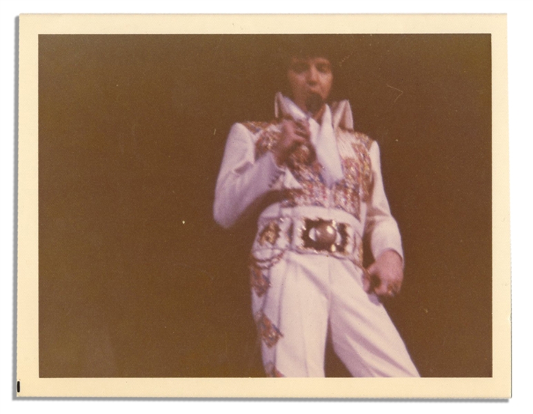 Elvis Presley in 17 October 1976 at a Bloomington, Minnesota Concert -- Lot of Three Satin-Finish Photos: Two 4.5'' x 3.5'' & One 3.5'' x 4.75'' -- Very Good