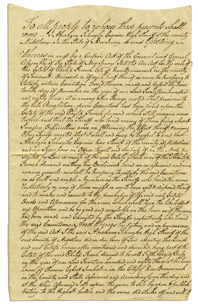 1784 Deed to Property in New Brunswick, New Jersey -- ''...previous to the late Revolution...''