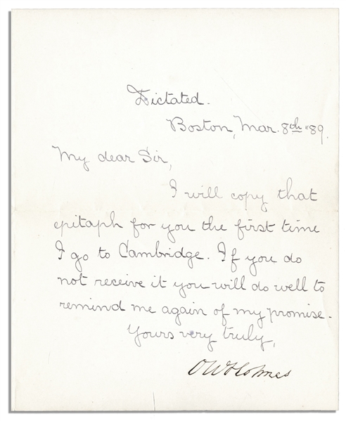 Oliver Wendell Holmes Sr. Letter Signed -- ''...you will do well to remind me again of my promise...''