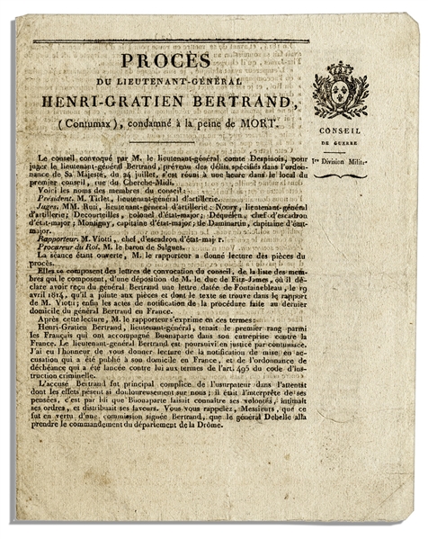 Published Death Sentence for Henri Bertrand -- ''...Bertrand was the first among the French who accompanied Bonaparte in his enterprise against France...''