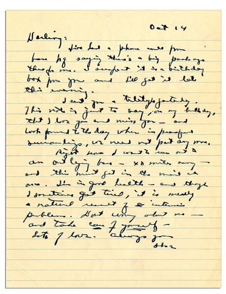 Dwight Eisenhower WWII Letter to His Wife -- ''...though I sometimes get tired, it is merely a natural result of intensive problems...''