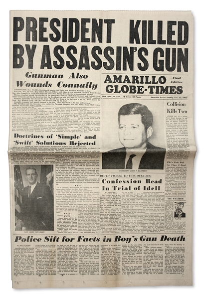 22 November 1963 Edition of the ''Amarillo Globe Times'' Announcing JFK's Death That Day -- ''PRESIDENT KILLED BY ASSASSIN'S GUN''