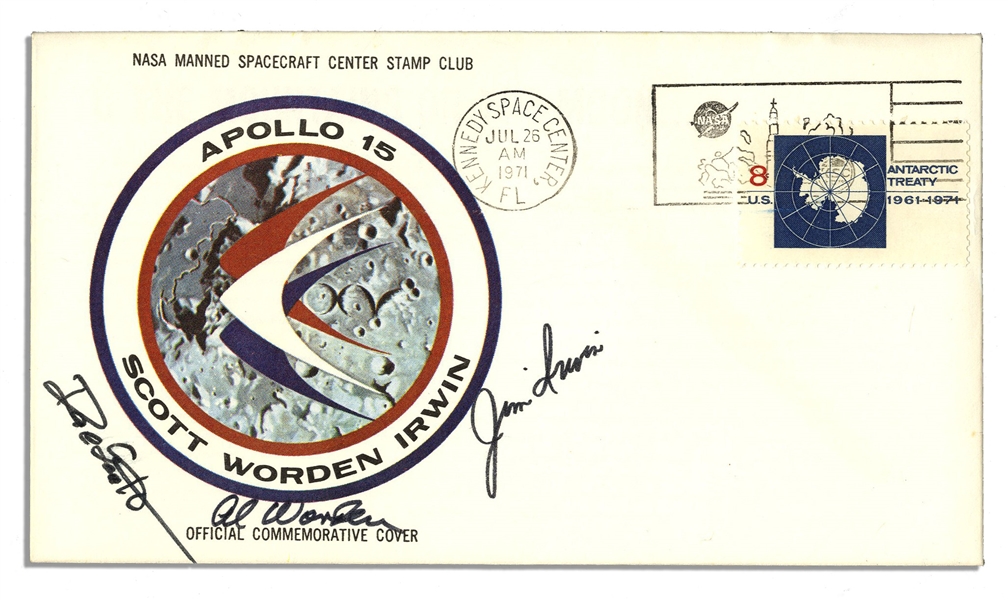Apollo 15 Crew-Signed NASA Insurance Cover -- Signed ''Al Worden'', ''Dave Scott'' & ''Jim Irwin'' -- Cancelled 26 July 1971 -- 6.5'' x 3.75'' -- Near Fine -- With COA From Worden