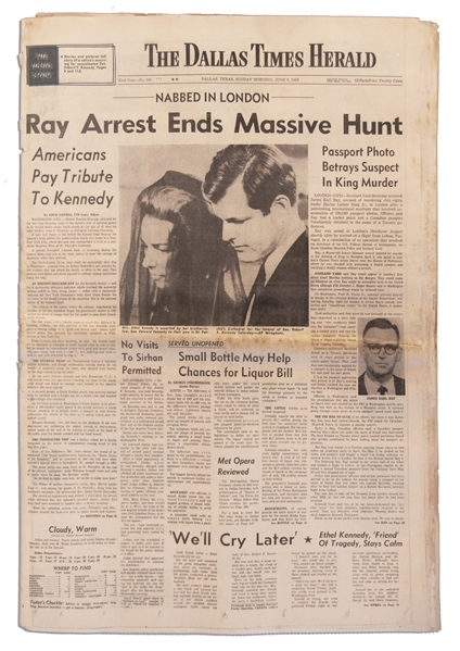 Martin Luther King & Robert Kennedy Assassination Newspaper -- Arrest of King's Assassin & Kennedy's Funeral
