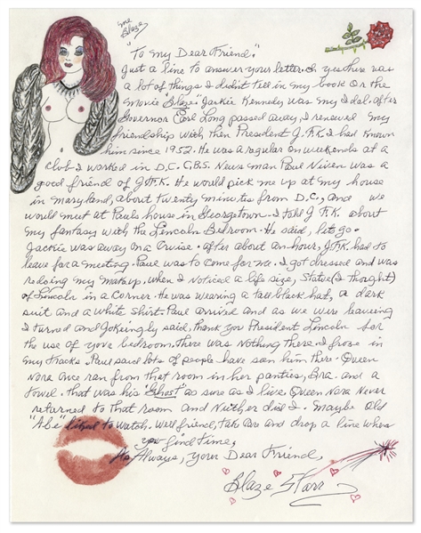Blaze Starr Autograph Letter Signed -- Regarding a Tryst in the White House with JFK -- ''...I told J.F.K. about my fantasy with the Lincoln bedroom. He said lets go...''