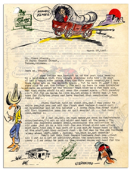 Dick Calkins Letter Signed Featuring Five Color Drawings -- ''...Don't let this Buck Rogers business fool you. About all I get is a lot of publicity, while the syndicate gets the gravy...''