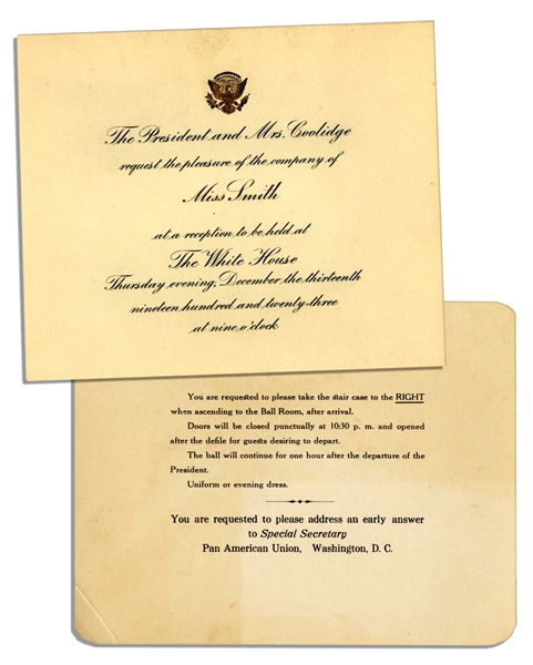 President Calvin Coolidge 1923 Invitation to the White House -- His First Year as President After Harding's Death in Office
