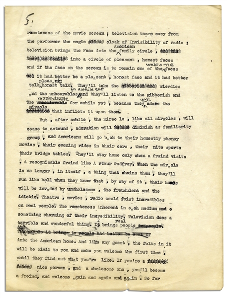Fascinating Al Capp Typed Criticism of Television With Notes & Corrections in His Hand -- ''...their homes will be invaded by unwholesome, the fraudulent and the idiotic...''