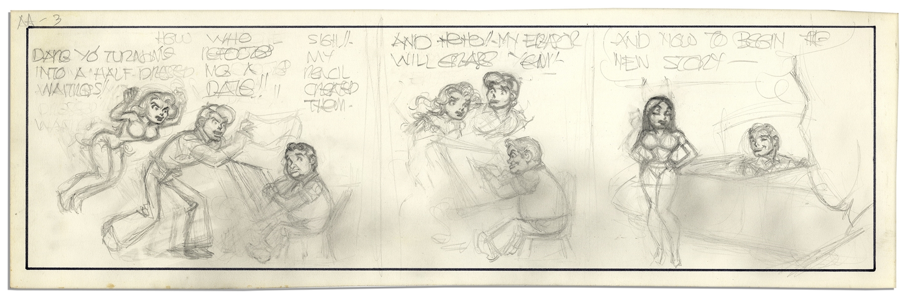 ''Li'l Abner'' Unfinished Comic by Al Capp in Pencil -- Undated & Untitled Strip With Li'l Abner, Daisy Mae & a Self-Sketch of Capp -- 19.75'' x 6.25'' -- Very Good -- From Al Capp Estate